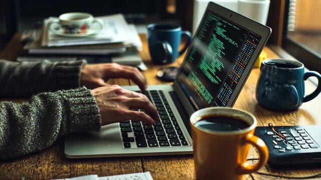 A person working on a laptop with coffee and a calculator on a wooden table.