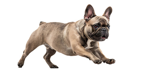 French bulldog walking forward in motion. Dynamic realistic dog pose isolated on transparent background, PNG.