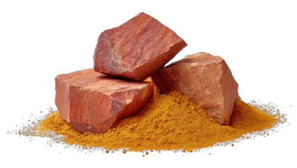 Three rough, reddish-brown stones resting on a mound of golden-orange powder