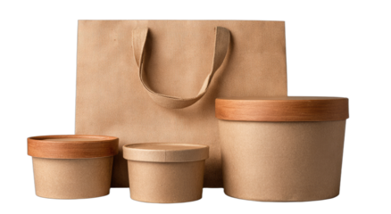 Three round cardboard containers with wooden lids and a large paper bag