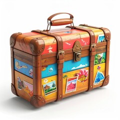 A vintage suitcase adorned with colorful travel destination stickers