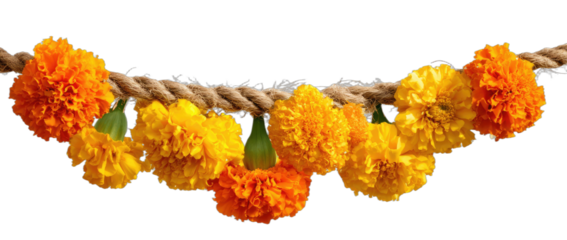 A decorative garland of vibrant orange and yellow flowers strung on a thick rope
