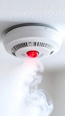 Close-up of a smoke detector with glowing red light and smoke