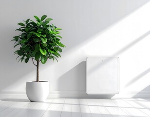 Fototapeta premium Purificador de aire moderno en interior minimalista con planta decorativa y luz natural