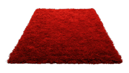 A detailed, close-up view of a textured, trapezoidal red carpet on a black background