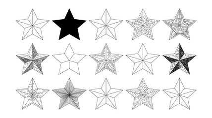 Star icons in various styles and shading on white background for graphic design