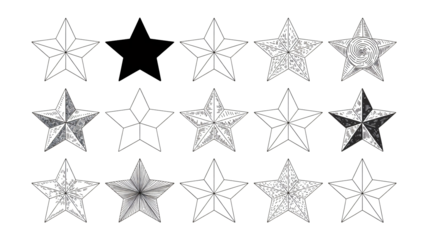 Star icons in various styles and shading on white background for graphic design