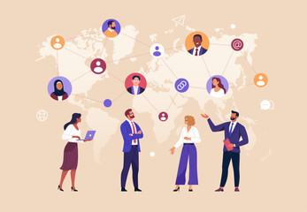 Business Networking. Vector illustration of global business team connected through digital network over world map. Concept of communication, international cooperation, and professional relationships.