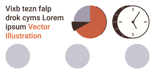 Data analysis, time management, information presentation, creative layouts, business analytics, abstract art. Pie chart and analog clock next to abstract shapes. Data analysis and time management © robu_s