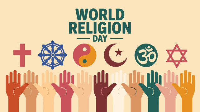  World religion day illustration with raised hands and symbols of major faiths representing unity peace diversity tolerance and interfaith harmony in modern flat vector style - Powered by Adobe