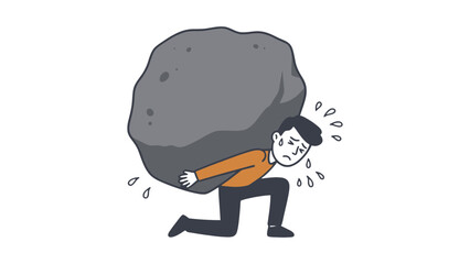 A person struggles to carry a large boulder on their back.