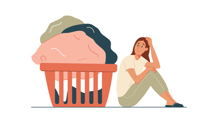 A person sits next to a large basket overflowing with laundry.