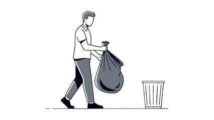 A person carries a full trash bag towards a bin.