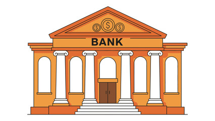 A classic bank building with columns and the word BANK above the entrance.