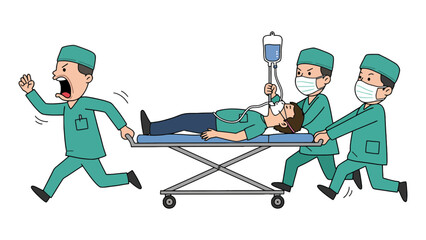 Doctors rush a patient on a stretcher with an IV drip to an emergency room.