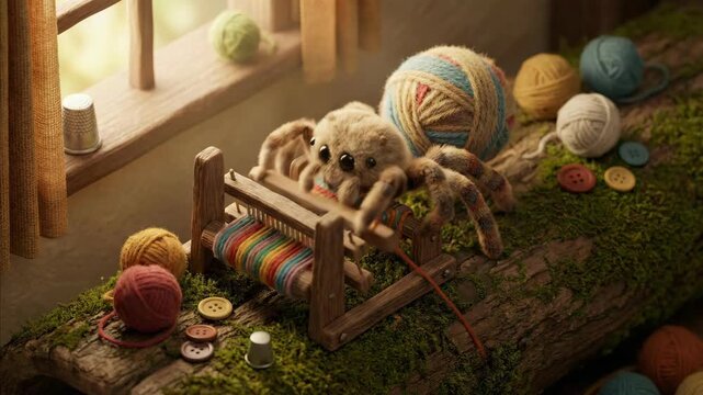 Anthropomorphic spider weaving on a mini loom with colorful yarn and buttons, a cozy craft scene for childrens storytelling.