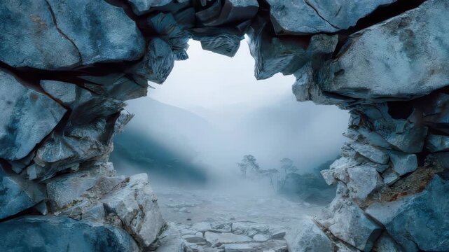 Exploring mysterious foggy valley through hole in basalt rock