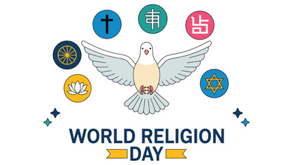  World religion day illustration with white dove and symbols of major faiths representing peace harmony unity and interfaith dialogue on clean modern vector background