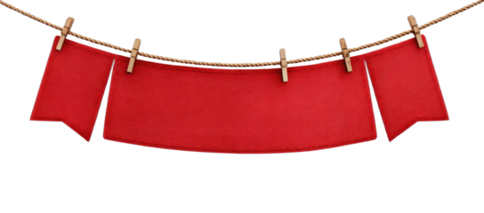 Red banners hanging on a clothesline with wooden pegs