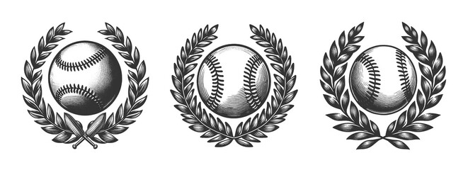 baseballs framed by laurel wreaths Set collection bundle sketch engraving generative ai raster illustration. Scratch board imitation. Black and white image.