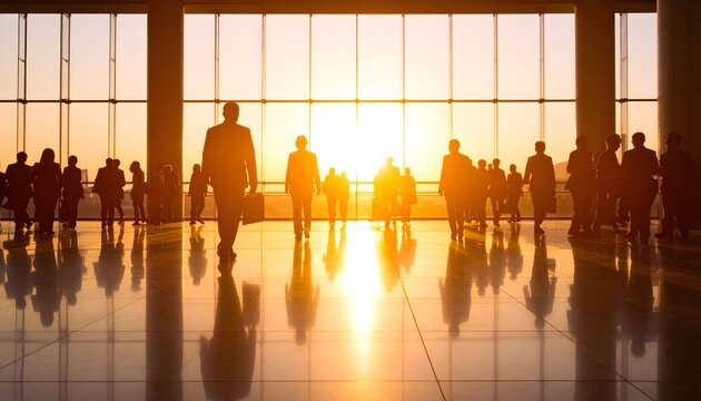 Personas caminando en aeropuerto al atardecer con luz dorada y siluetas en movimiento