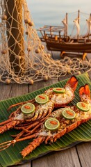 Naklejka premium Grilled Comorian Langouste Grillee with Lime in Banana Leaf and Copy Space