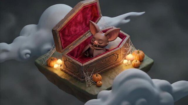 Cute bat sleeps in a coffin surrounded by pumpkins and cobwebs on a floating island, Halloween celebration for kids