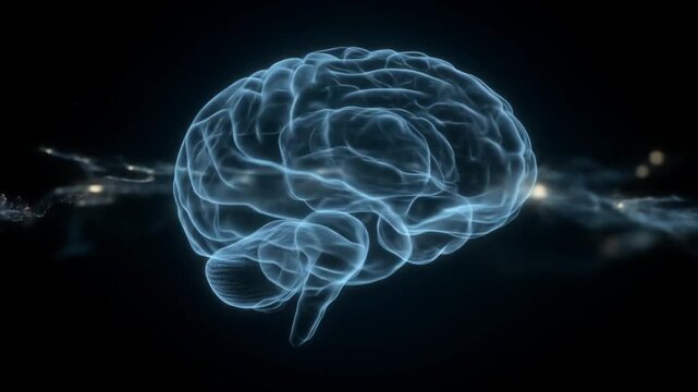 Glowing blue brain model suspended in a dark space, with wispy neon tendrils nearby, softly lit dim