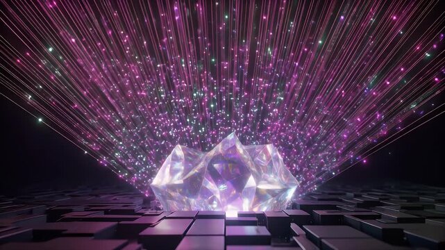 A glowing multifaceted crystal emitting vibrant purple and pink light beams on a dark grid surface.
