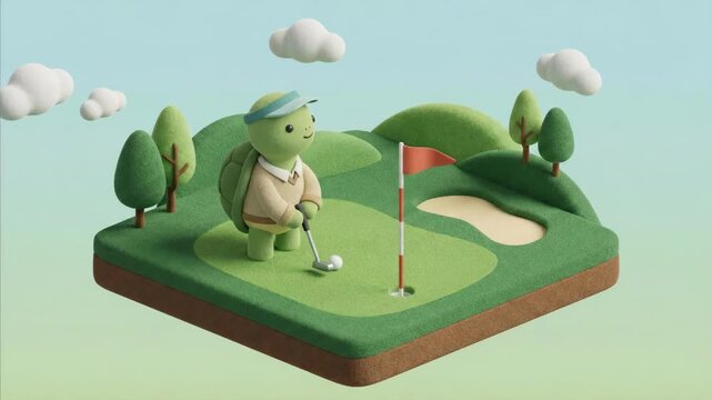 A cute turtle character playing golf on a miniature course with green hills and sand traps. Loopable animation for childrens content.