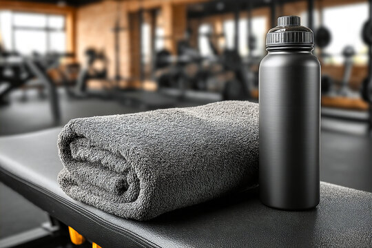 Gym towel and water bottle on bench in fitness center during workout session Generative AI