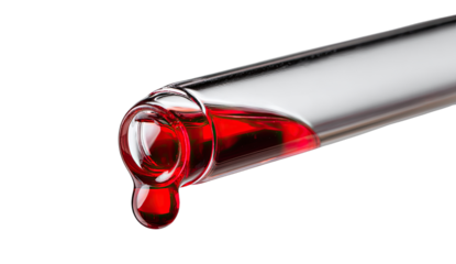 Close-up of a glass dropper with red liquid, a drop forms