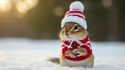 Cute squirrel wearing a red sweater and hat stands in snow with festive bokeh lights in the background, capturing the joyful spirit of Christmas and New Year celebrations. 