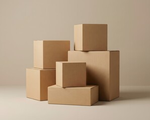 A collection of various sized cardboard boxes stacked on a neutral background.