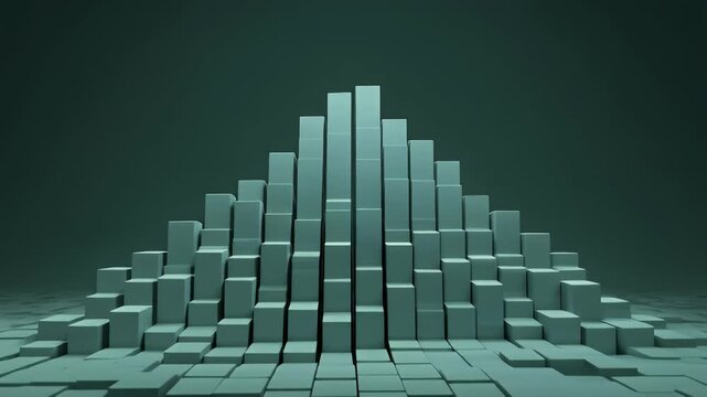 Abstract digital visualization of ascending and descending rectangular blocks forming a pyramid shape on a dark background.