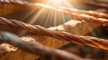 Medium shot of copper wires with sustainable coatings drying under natural light illustrating energyefficient methods and ecoconscious craftsmanship.