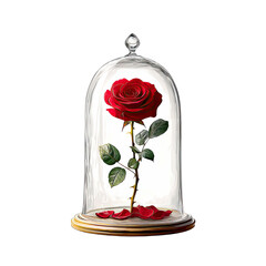 A solitary red rose in full bloom under a glass dome with fallen petals