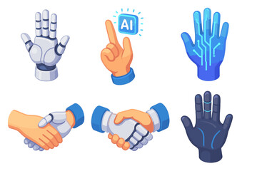 Diverse robotic and human hands with ai symbol showcasing technology integration