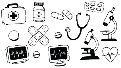 A collection of medical and science-related hand-drawn icons.