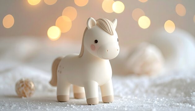 Caballito de juguete blanco sobre fondo claro con luces bokeh suaves, escena infantil tierna y minimalista