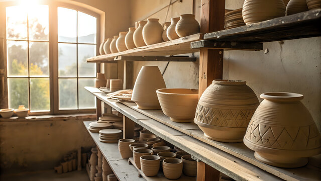Handmade clay pots drying on shelves, soft window light, artisan craftsmanship and creativity - Powered by Adobe