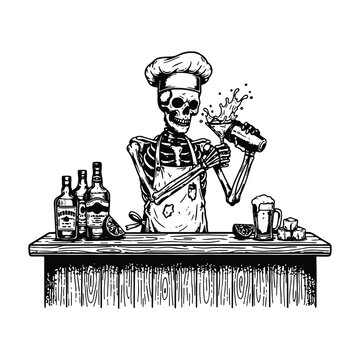 Skeleton Chef Bartender Mixing Cocktail Drink at Wooden Bar Counter Illustration.