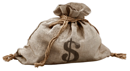 A burlap sack tied with rope, a large dollar sign printed on its side