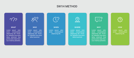 5W1H Method Infographic with Six Colorful Vertical Steps
