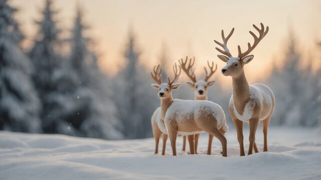 Familia de ciervos en paisaje nevado al amanecer, escena invernal de naturaleza salvaje y serenidad