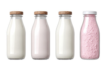 Four glass bottles of dairy products, two white, two pink