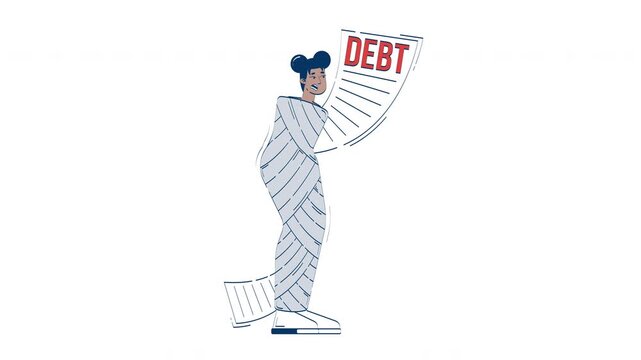 Overwhelmed by debt doodle animation. Economic struggle helplessness. Black woman wrapped tightly in financial burden animated 2D flat cartoon concept, white background. 4K video motion graphic