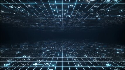 Abstract digital grid with glowing numbers and symbols representing data and technology in a futuristic cyberspace. - Powered by Adobe