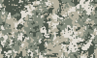 Abstract digital camouflage pattern.  Versatile design ideal for backgrounds, textiles, or militarythemed projects.  Subtle pixelated texture creates a modern, stylish feel.