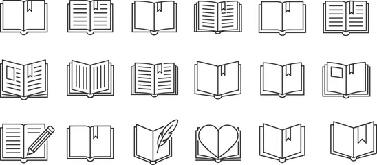 Book, reading, writing, education, knowledge, literature, icon, open, page, bookmark, pencil, feather, heart, black, line art, vector, silhouette, illustration
